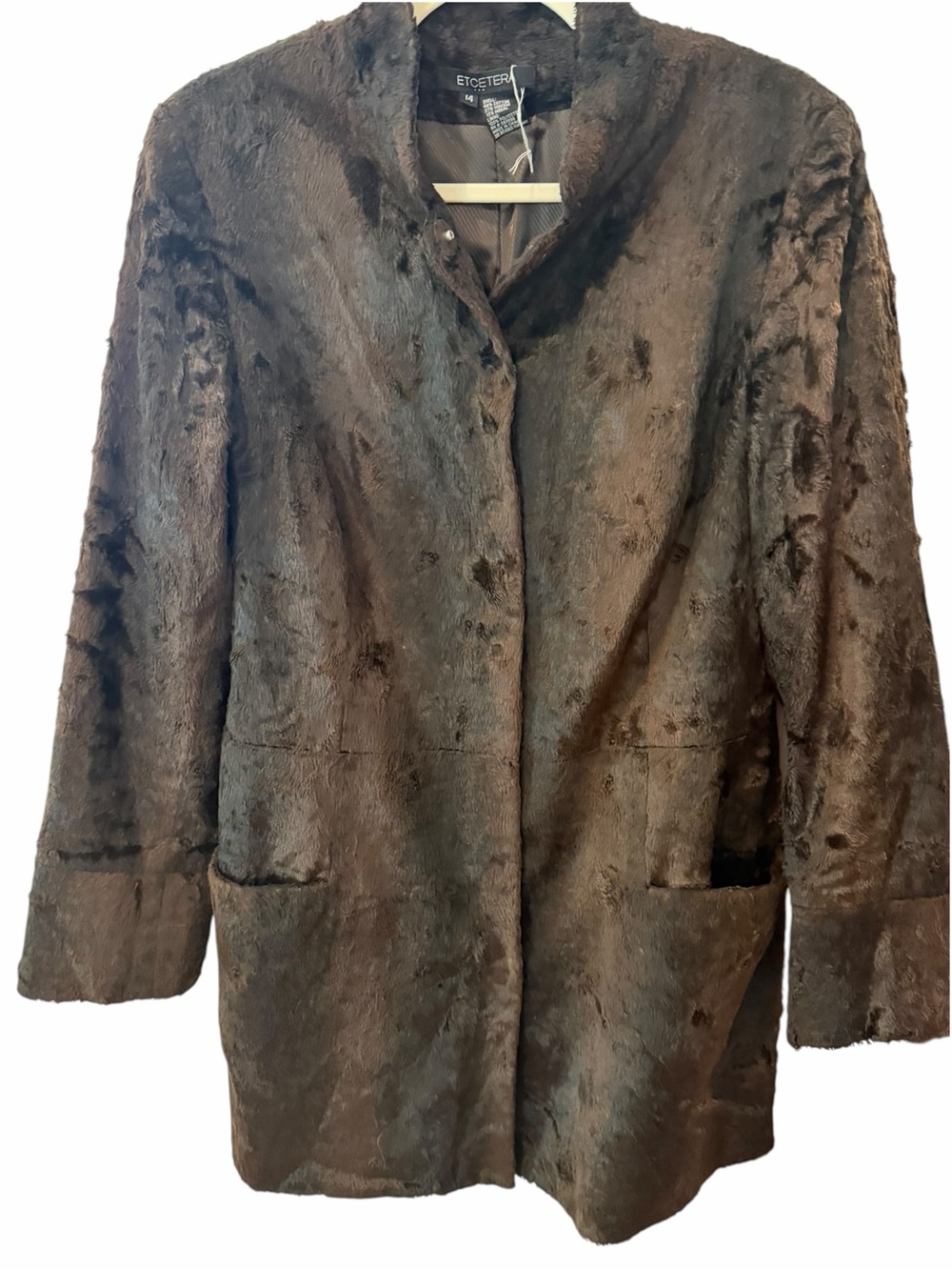 Etcetera Black Faux Fur Long Coat Jacket Size 14